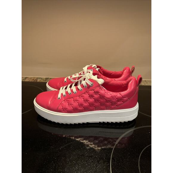 Michael Kors Emmett Nappa Puffy MK Logo Rubin Red Sneakers Shoes Flat Size 9 - Picture 2 of 9